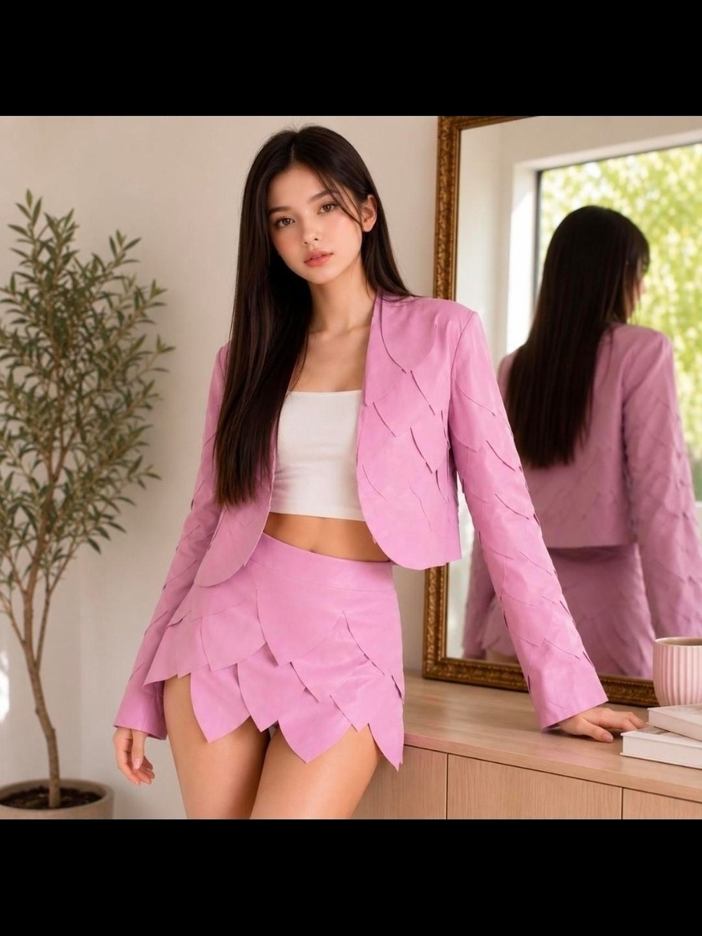 hot&delicious Faux Leather Pink Two-Piece Cropped Blazer and Skirt Set Size L